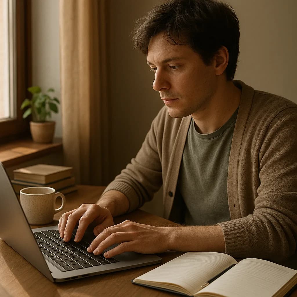 Blog writer with a laptop and book and pen