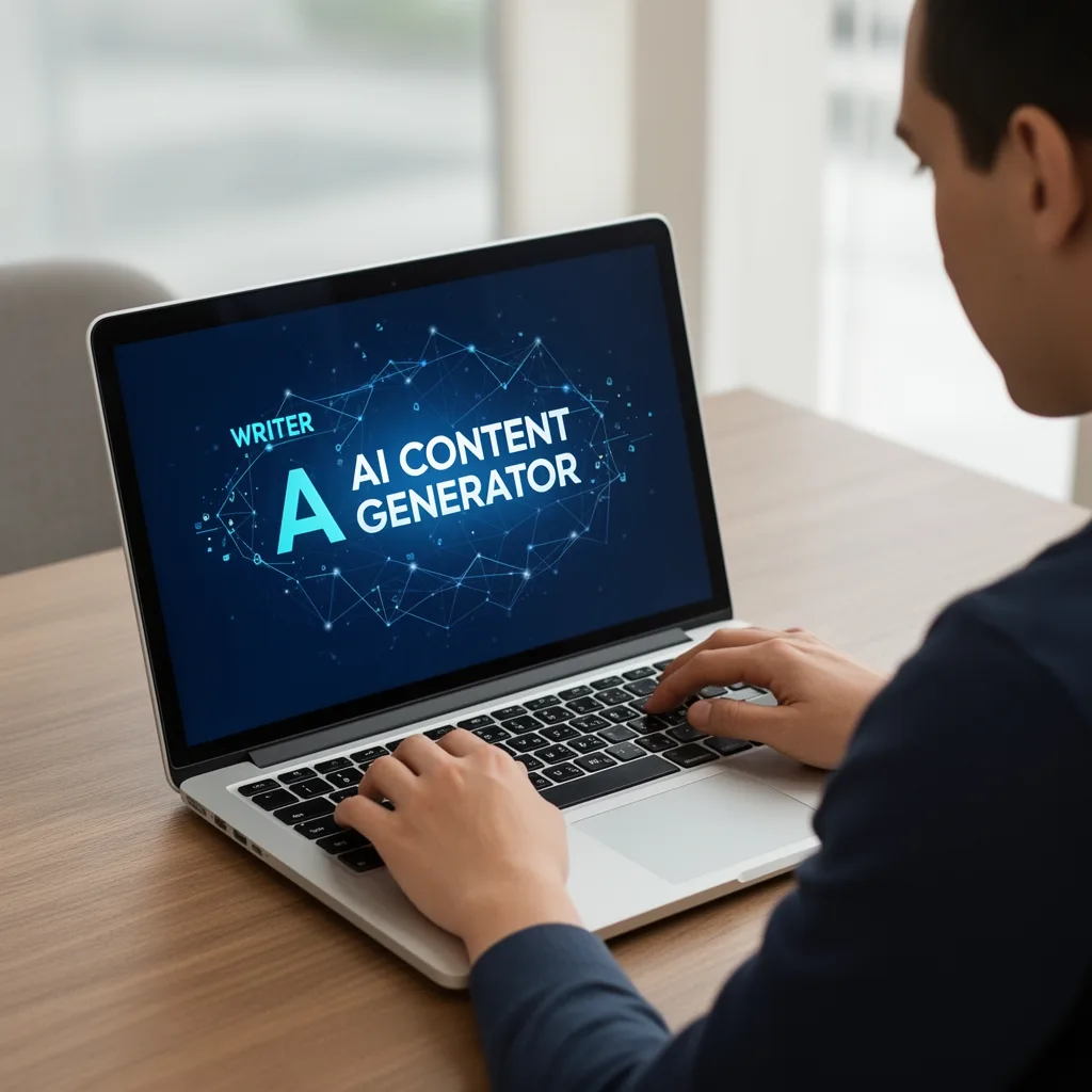 writer using AI content generator on laptop screen